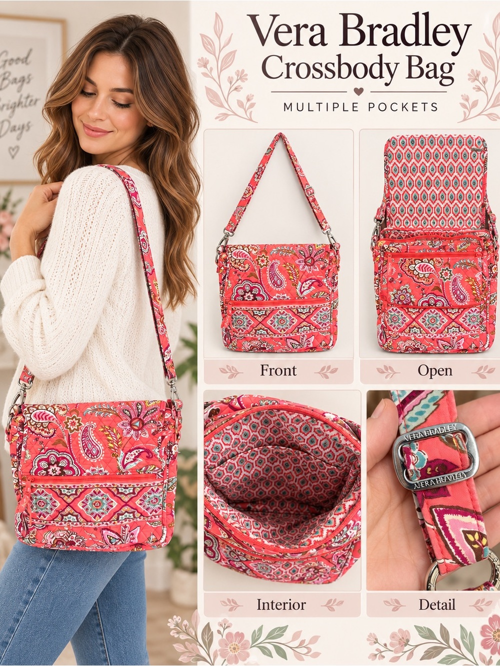 Vera Bradley Coral Paisley Quilted Crossbody Bag